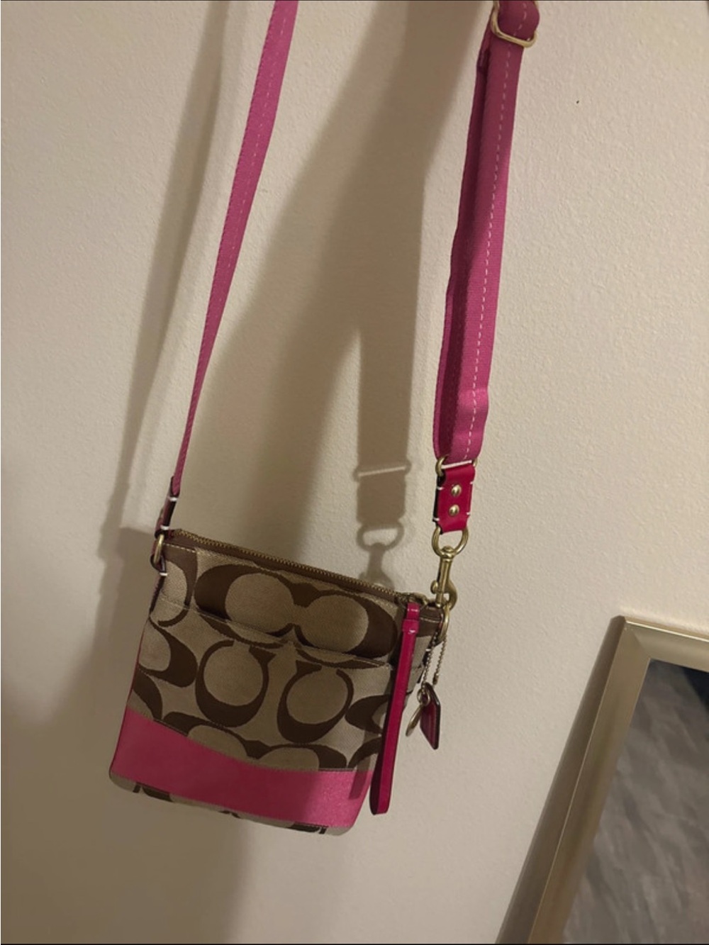 Coach Khaki Signature Canvas Crossbody with Pink Trim
